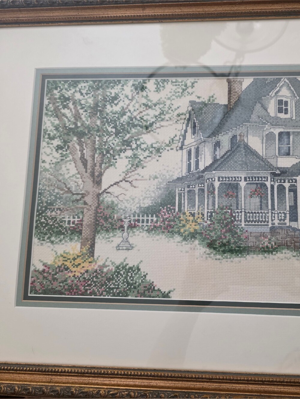 Framed Country Porch Cross-Stitch Wall Art in Blue and Green